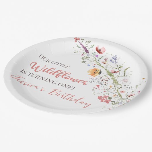 Onze kleine Wildflower Baby Meisje 1e Verjaardagsf Papieren Bordje (Gekanteld)