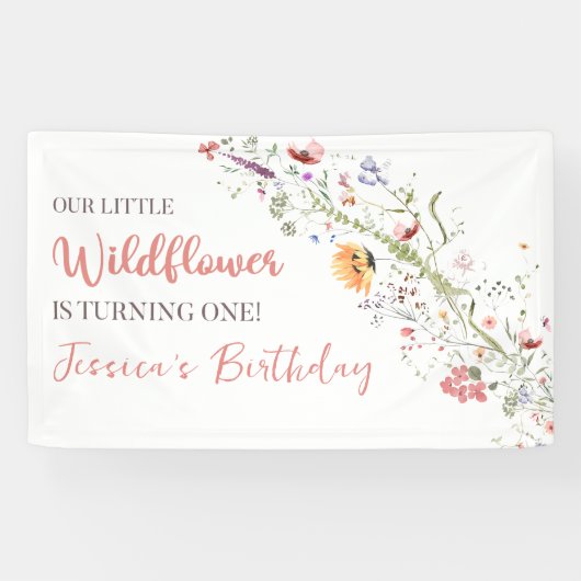Onze kleine Wildflower Baby Meisje 1e Verjaardagsf Spandoek (Horizontaal)