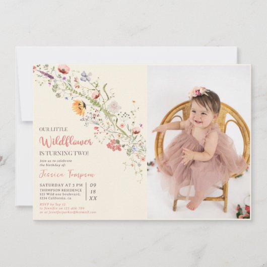 Onze kleine Wildflower Baby Meisje 2e Verjaardagsf Kaart (Voorkant)