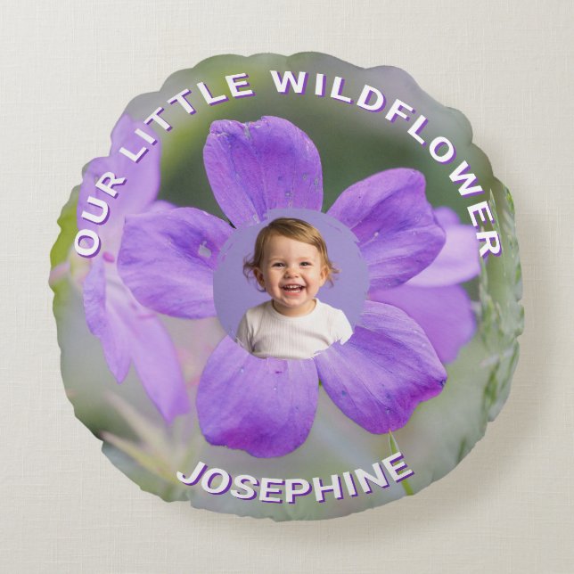 Onze Kleine Wildflower Lila Geranium Custom Foto Rond Kussen (Voorkant)