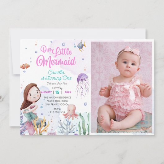 Onze Kleine Zeemeermin Meisje 1e Verjaardag Party  Kaart (Voorkant)