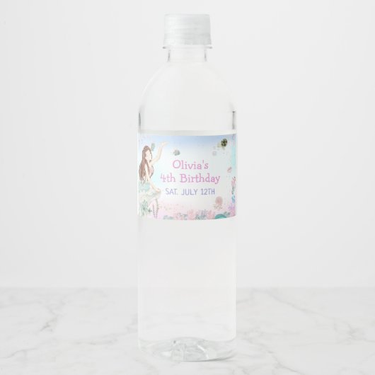 Onze kleine zeemeermin meisje 4th verjaardagsfeest waterfles etiket (Voorkant)