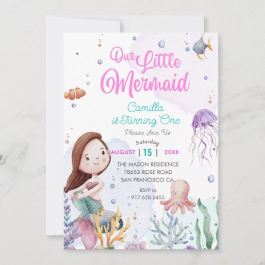 Onze kleine zeemeerminnende 1e verjaardag kaart (Voorkant)