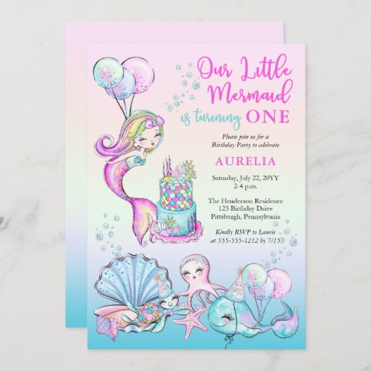 Onze kleine zeemeerminnende 1e verjaardag kaart (Voorkant / Achterkant)