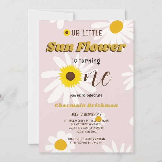 Onze kleine zon bloem roze 1e verjaardag foto kaart (Voorkant)