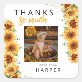 Onze kleine zonnebloem foto verjaardag dank u vierkante sticker