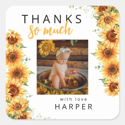 Onze kleine zonnebloem foto verjaardag dank u vierkante sticker (Voorkant)