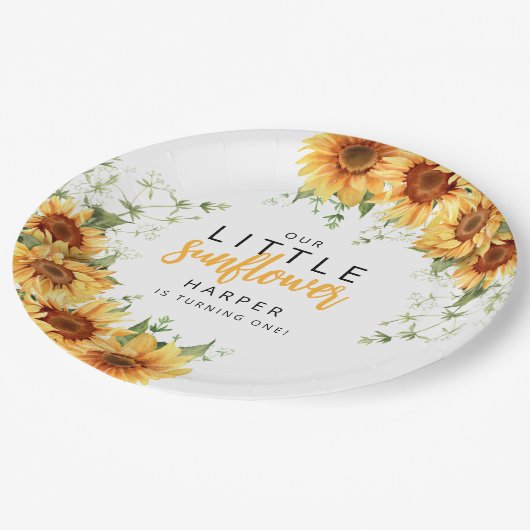 Onze kleine zonnebloem verjaardagsfeestje papieren bordje (Gekanteld)