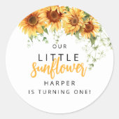 Onze kleine zonnebloem verjaardagsfeestje ronde sticker (Voorkant)
