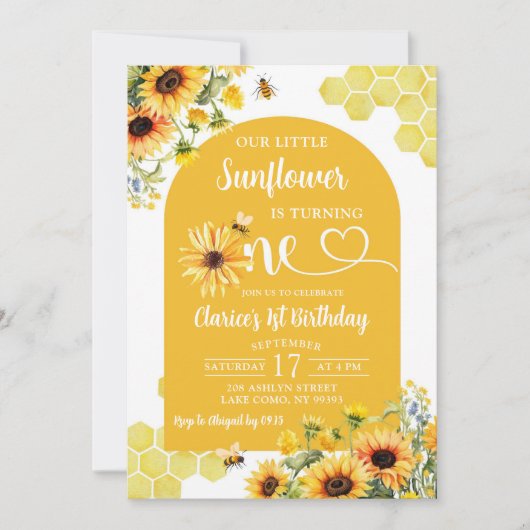 Onze kleine zonnebloem wordt één honing verjaardag kaart (Voorkant)