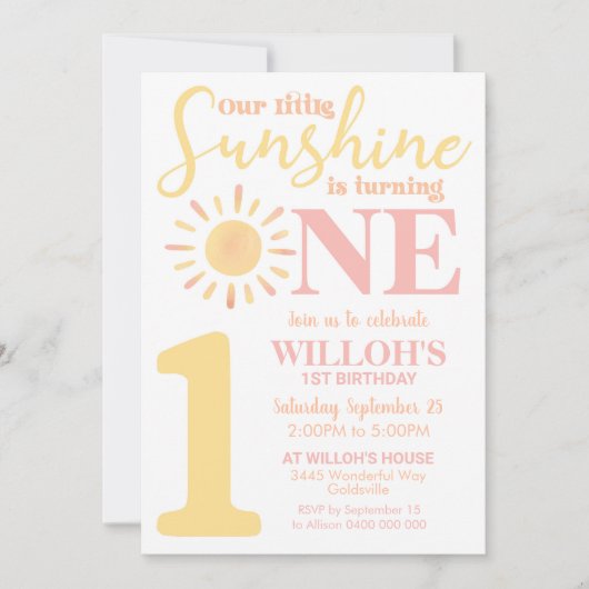 Onze kleine Zonneschijn 1e Verjaardag Uitnodiging  (Voorkant)