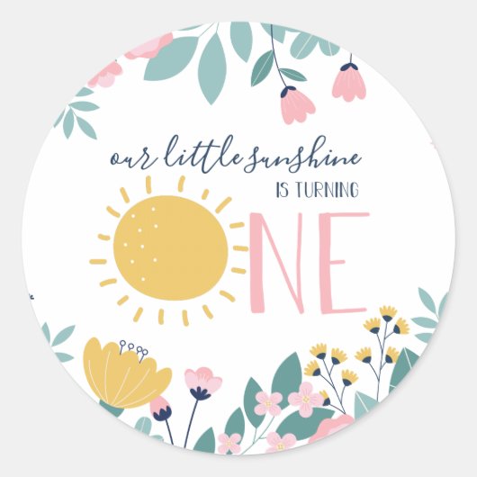Onze kleine zonneschijn Bloemen Eerste Verjaardag Ronde Sticker (Voorkant)