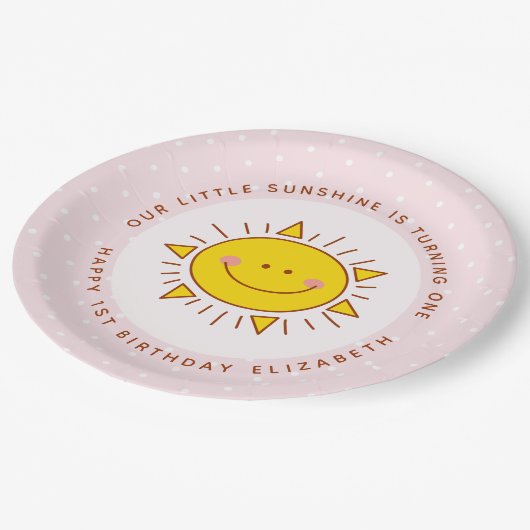 Onze kleine zonneschijn draait een meisje verjaard papieren bordje (Gekanteld)