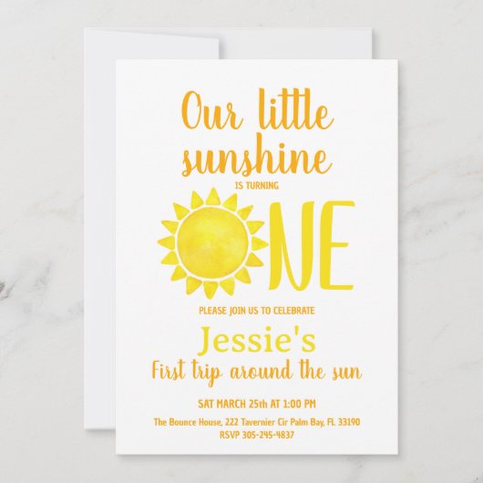 Onze kleine zonneschijn eerste verjaardag uitnodig kaart (Voorkant)