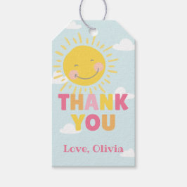 Onze kleine zonnige roze verjaardag elke leeftijd cadeaulabel