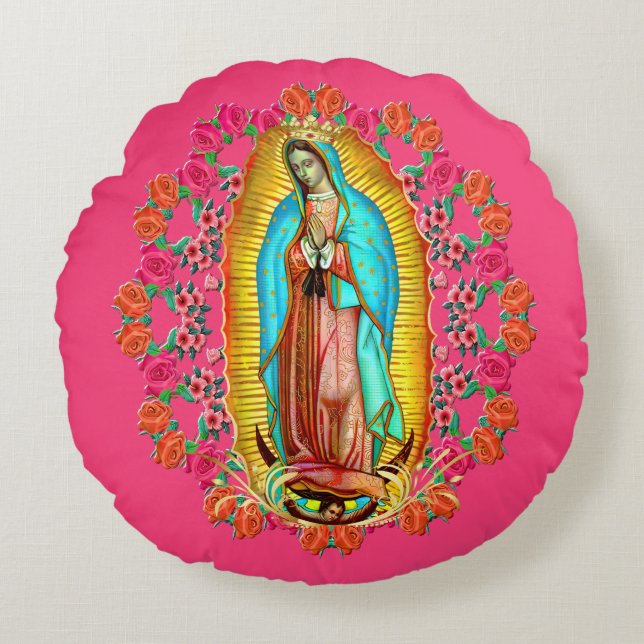 Onze Lady Guadalupe Maagd Mary Katholieke Saint Pi Rond Kussen (Voorkant)