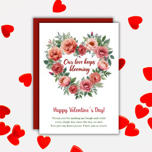 Onze liefde blijft bloeien bloemrijke Valentijnsda Feestdagenkaart