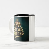 "Onze liefde brouwt sterk" Tweekleurige Koffiemok (Voorkant links)