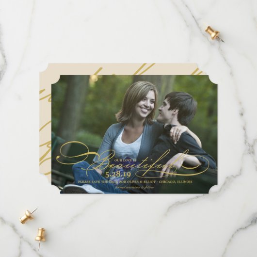 Onze liefde is een prachtige moderne Romantische s Save The Date (Voorkant / Achterkant in situ)