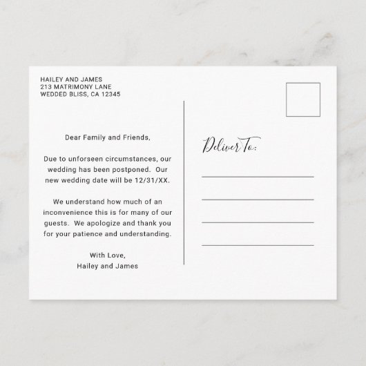 Onze liefde is geduldig uitstel van het huwelijk. aankondigingskaart (Achterkant)