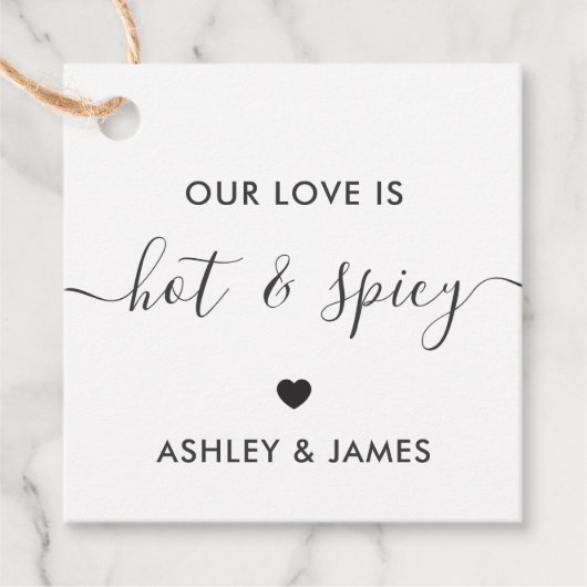 Onze Liefde is Heet en Spicy Bruiloft Bedankjes Labels (Voorkant)