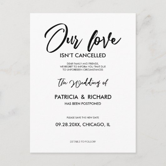 Onze liefde is niet geannuleerd weddenschap uitste briefkaart (Voorkant)