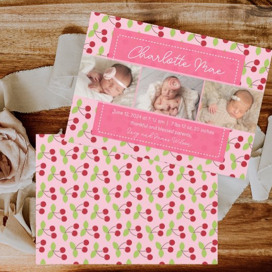 Onze liefste Aankomst Cherry Meisje Baby Aankondig Aankondiging