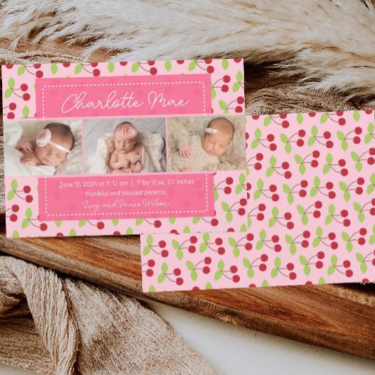 Onze liefste Aankomst Cherry Meisje Baby Aankondig Aankondiging