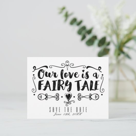 ONZE LIEFT IS EEN VRIJE TALE Weddenschap Save the  Aankondigingskaart (Staand voorkant)