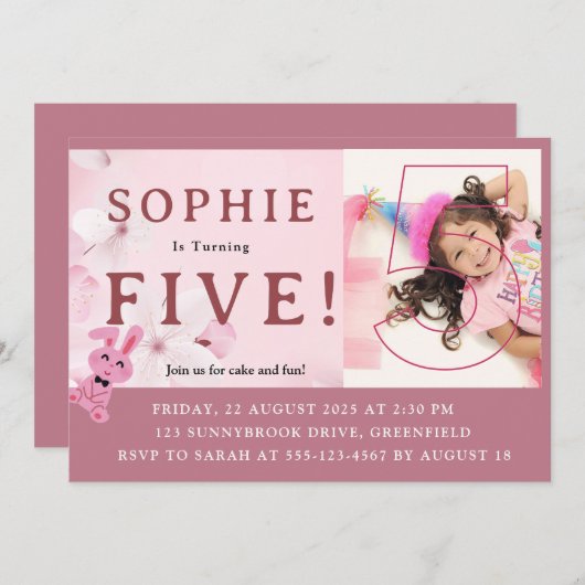 Onze lieve konijnenprinses wordt 5! uitnodigen kaart (Voorkant / Achterkant)