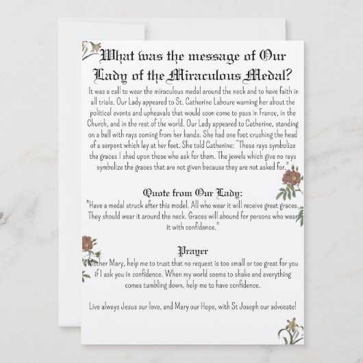 Onze Lieve Vrouw van de Miraculous Medaille Gebeds Kaart (Achterkant)