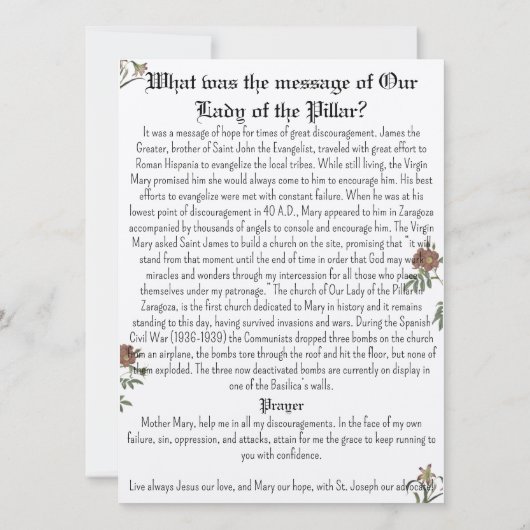 Onze Lieve Vrouw van de Pilaar Gebed Kaart (Achterkant)