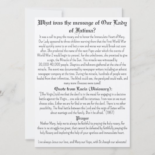 Onze Lieve Vrouw van Fatima gebedskaart Kaart (Achterkant)