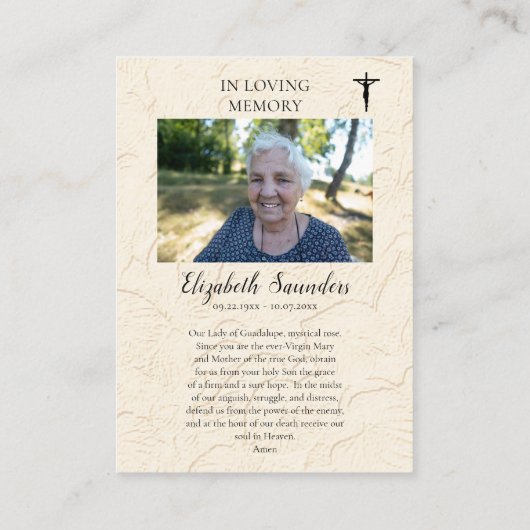 Onze Lieve Vrouw van Guadalupe Begrafenis Kaart Plaatskaartje (Achterkant)