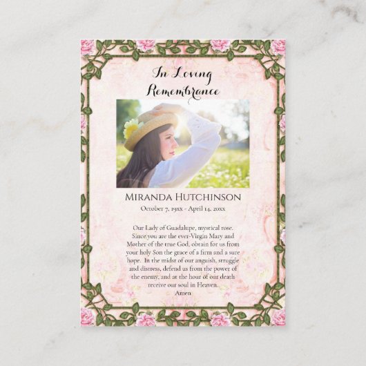 Onze Lieve Vrouw van Guadalupe Begrafenis Kaart Plaatskaartje (Achterkant)
