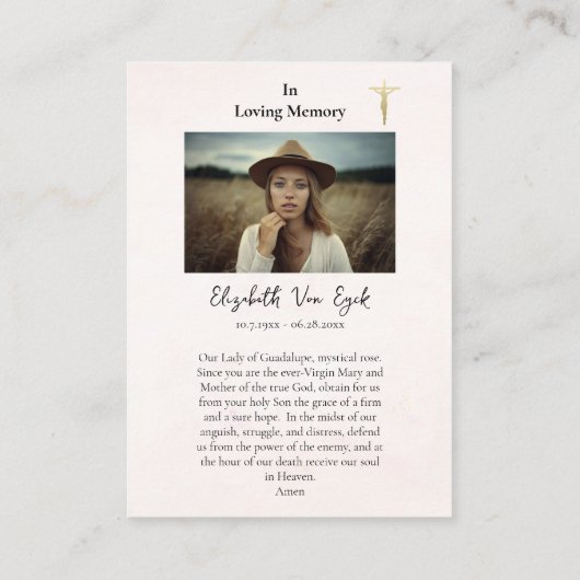 Onze Lieve Vrouw van Guadalupe Begrafenis Kaart Plaatskaartje (Achterkant)