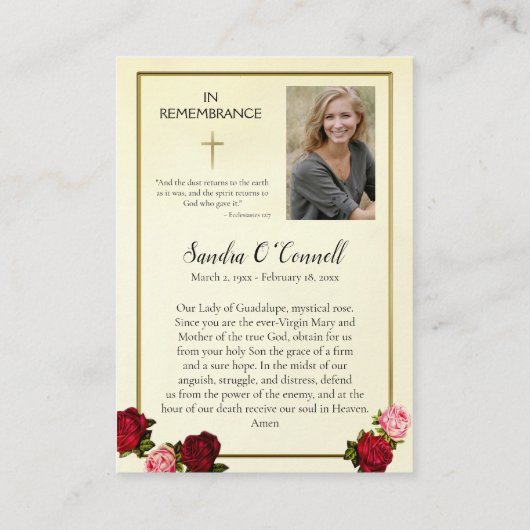 Onze Lieve Vrouw van Guadalupe Begrafenis Kaart Visitekaartje (Achterkant)