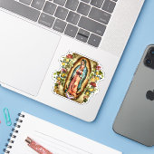 Onze Lieve Vrouw van Guadalupe Frame van Rozen Vin Sticker (Laptop met iPhone)
