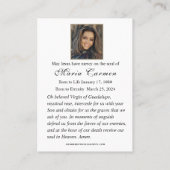 Onze-Lieve-Vrouw van Guadalupe Katholieke Begrafen Plaatskaartje (Achterkant)