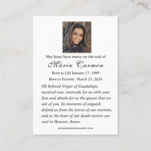 Onze-Lieve-Vrouw van Guadalupe Katholieke Begrafen Plaatskaartje (Achterkant)