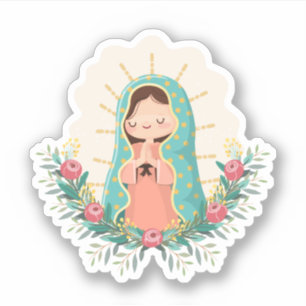 Onze Lieve Vrouw van Guadalupe met bloemen Kawaii Sticker