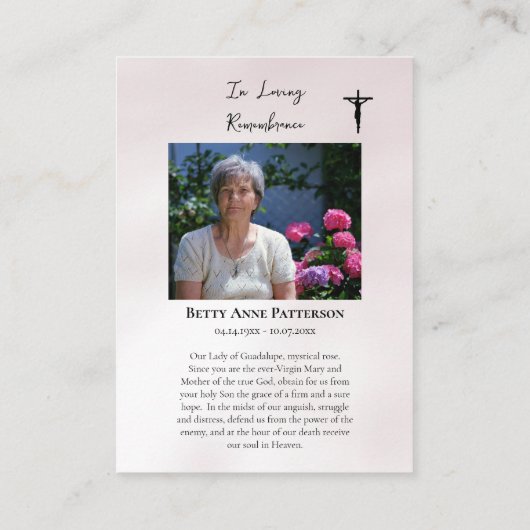 Onze-Lieve-Vrouw van Guadalupe Mystiek Roos Begraf Plaatskaartje (Achterkant)