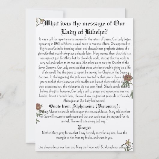 Onze Lieve Vrouw van Kibeho Gebed Kaart (Achterkant)