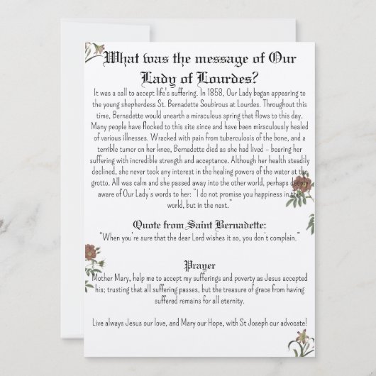 Onze Lieve Vrouw van Lourdes Gebedskaart Kaart (Achterkant)