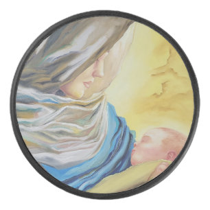 Onze Lieve Vrouw van Zwijgen die baby Jezus vastho Hockey Puck