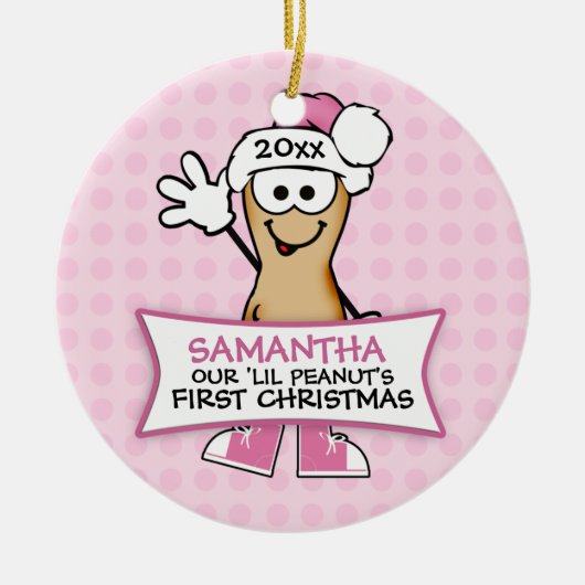 Onze Lil Peanut's eerste kerst (roze) Keramisch Ornament (Voorkant)