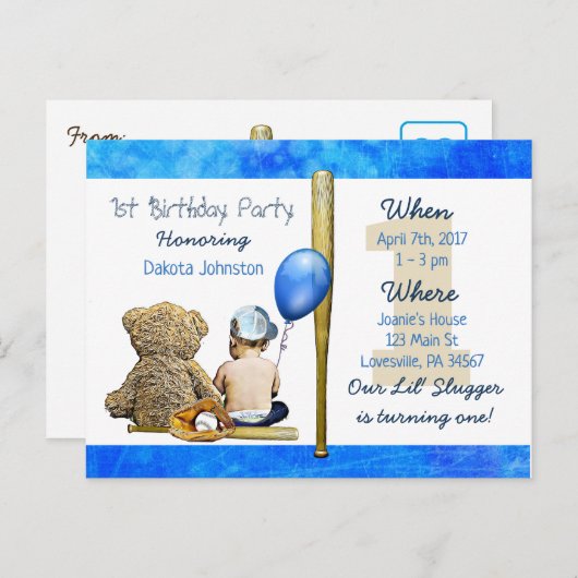Onze Lil Slugger Boy en Teddy Bear 1e verjaardag Uitnodiging Briefkaart (Voorkant / Achterkant)