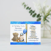 Onze Lil Slugger Boy en Teddy Bear 1e verjaardag Uitnodiging Briefkaart (Staand voorkant)