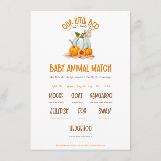 Onze Little Boo Baby shower Baby Animal Match spel Informatiekaartje (Voorkant)