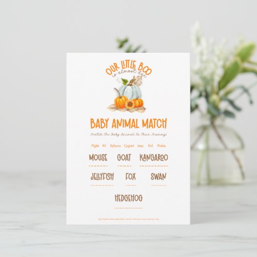 Onze Little Boo Baby shower Baby Animal Match spel Informatiekaartje (Staand voorkant)
